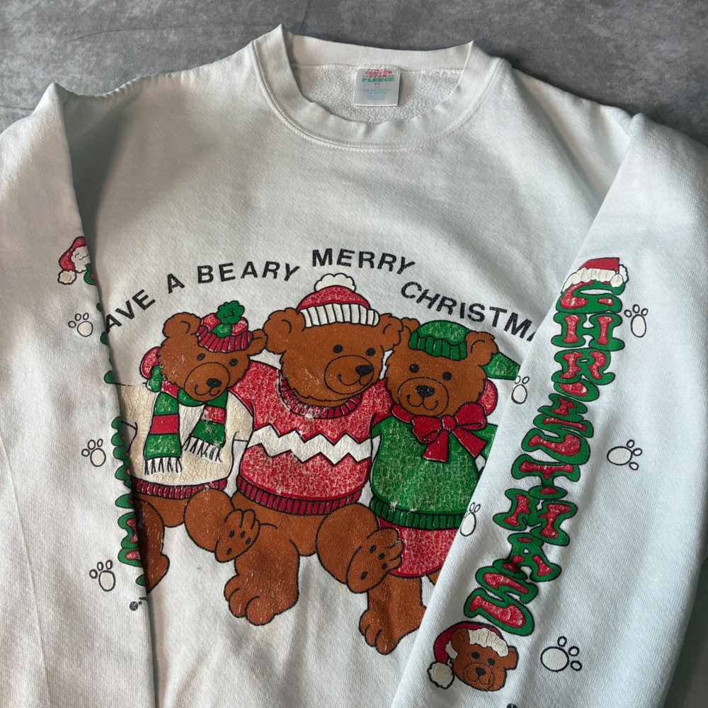 Vintage Cute Nostalgic  Christmas Bears Sweatshirt White XL Made in USA Holiday - Picture 2 of 7